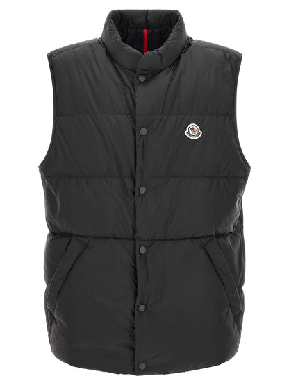 Vest by Moncler for men in polyamide felt black showcases a utilitarian silhouette, artfully incorporating pockets and a utilitarian for a truly utilitarian finish.