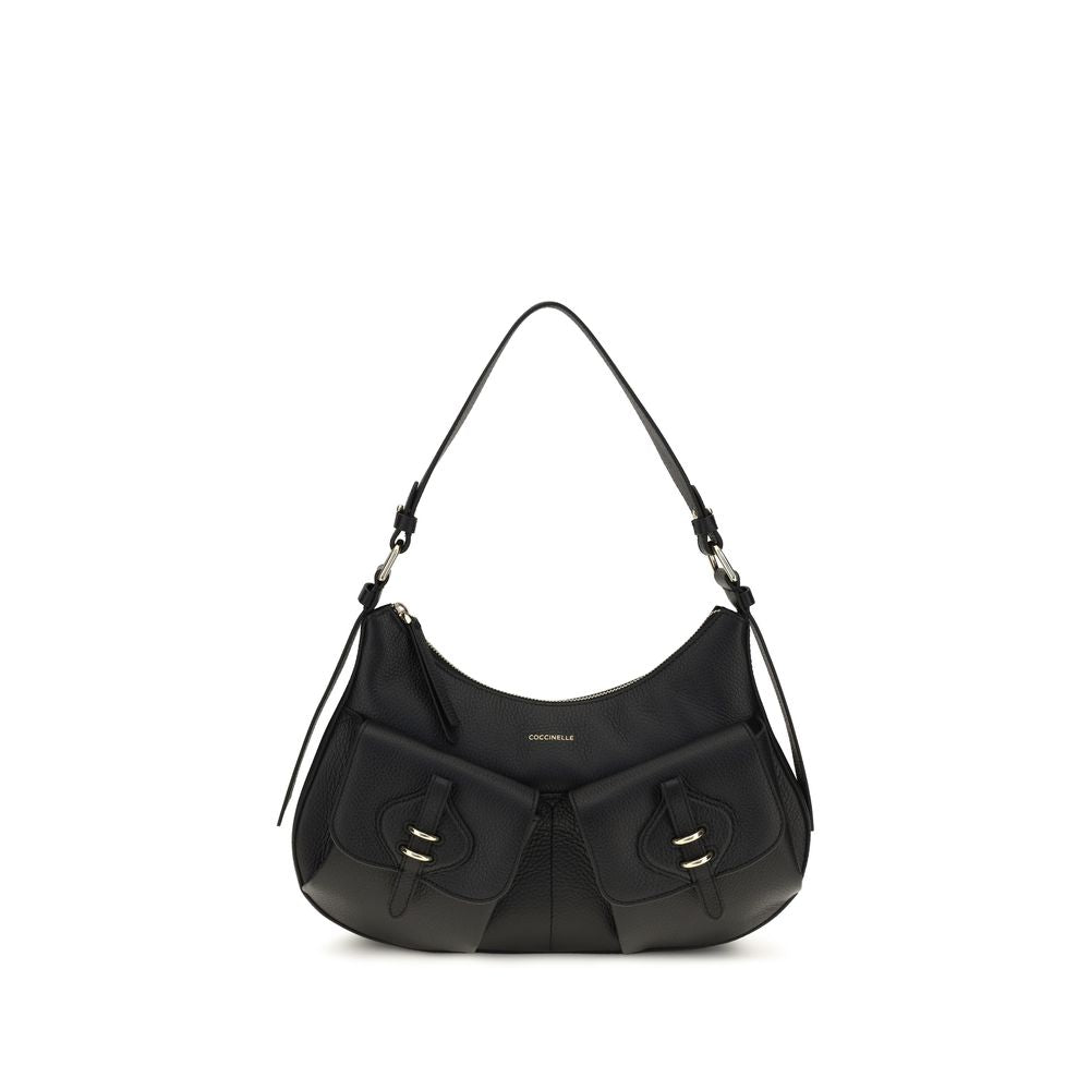 Small Shoulder Bag by Coccinelle for women in bos taurus calf leather black, gold & signature presents a versatile silhouette, showcasing a secure zipper & magnetic and versatile built-in-compartments with versatile shoulder-strap, adjustable-strap & handle for a sophisticated look.
