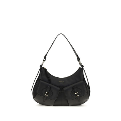 Small Shoulder Bag by Coccinelle for women in bos taurus calf leather black, gold & signature presents a versatile silhouette, showcasing a secure zipper & magnetic and versatile built-in-compartments with versatile shoulder-strap, adjustable-strap & handle for a sophisticated look.