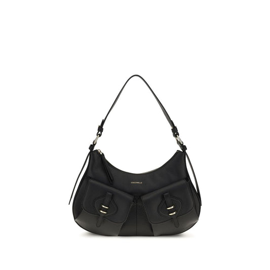 Small Shoulder Bag by Coccinelle for women in bos taurus calf leather black, gold & signature presents a versatile silhouette, showcasing a secure zipper & magnetic and versatile built-in-compartments with versatile shoulder-strap, adjustable-strap & handle for a sophisticated look.