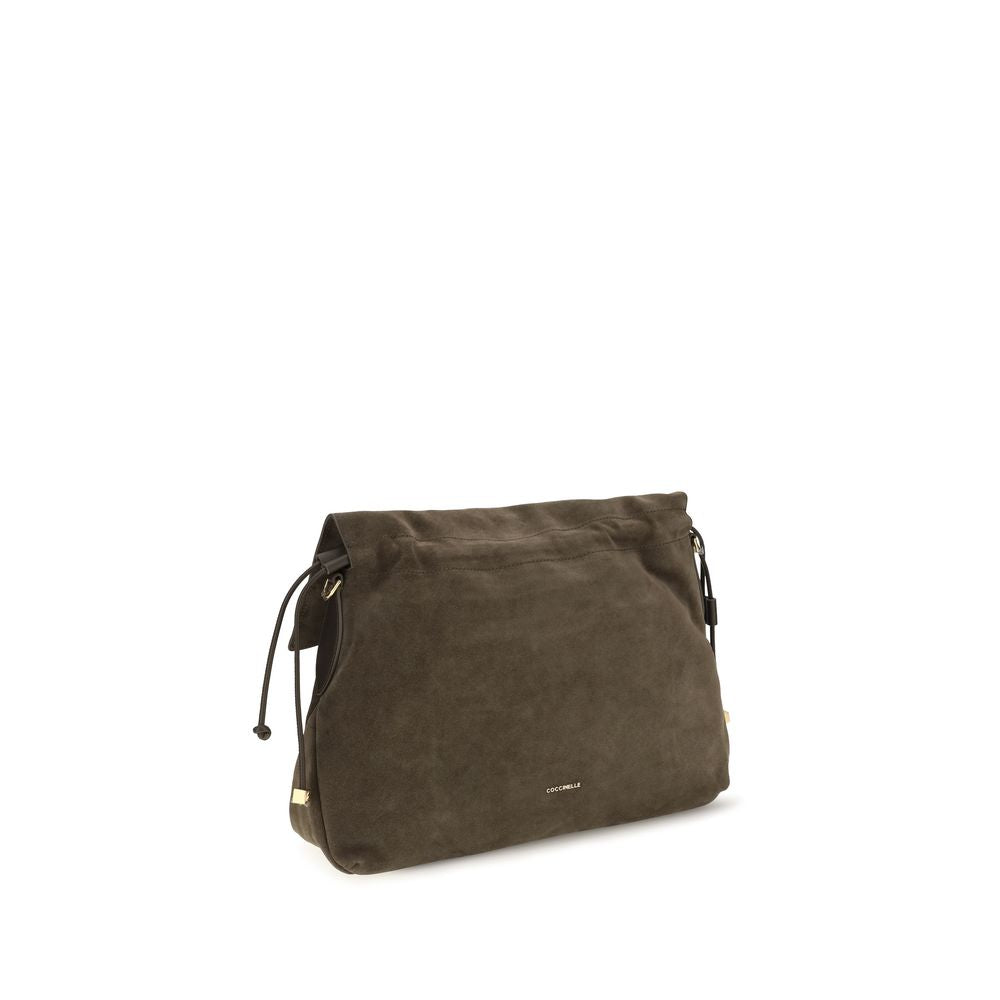 Medium Shoulder Drawstring Bag by Coccinelle for women in bos taurus suede calf leather brown, gold & signature showcases a enviable silhouette, artfully detailed with a secure zipper & drawstring, organized , and versatile shoulder-strap, adjustable-strap & handle for a enviable look.