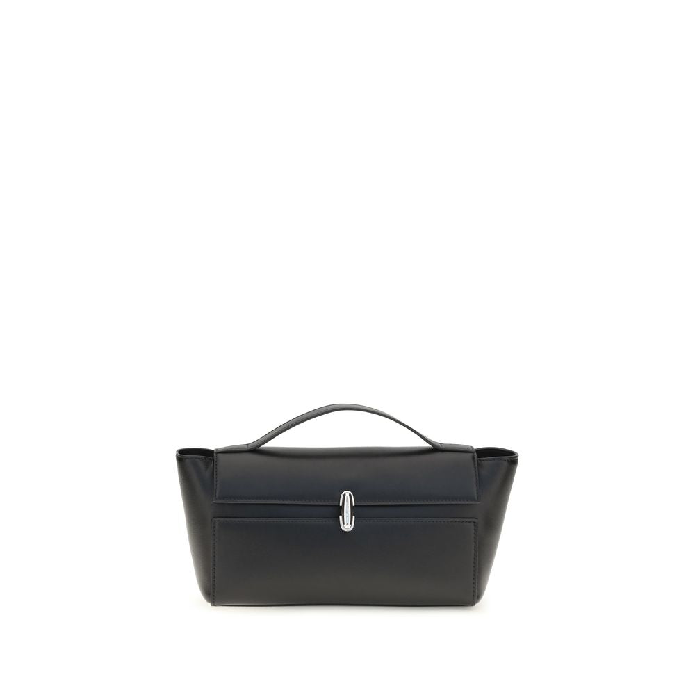 Small Evening Clutch Handbag by Savette for women in bos taurus calf leather black features an sculptural silhouette, showcasing a secure and sculptural internal-pockets with versatile handle for a sophisticated look.