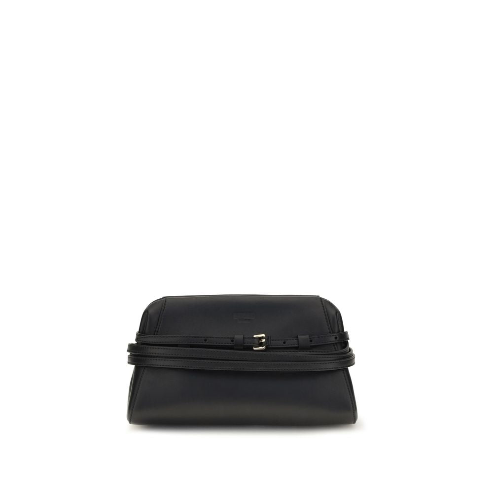 Evening Clutch Handbag by Moschino for women in goatskin leather black & gold features a sculptural silhouette with a secure magnetic, ample , and versatile belt-strap for a sculptural finish.