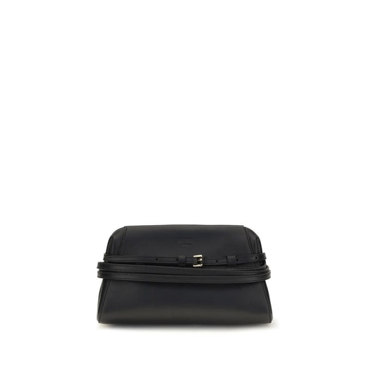 Evening Clutch Handbag by Moschino for women in goatskin leather black & gold features a sculptural silhouette with a secure magnetic, ample , and versatile belt-strap for a sculptural finish.
