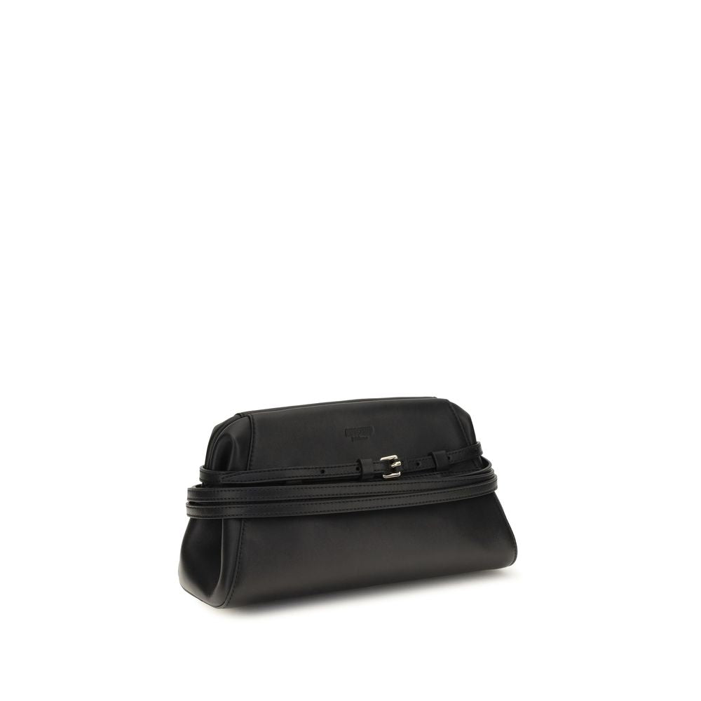 Evening Clutch Handbag by Moschino for women in goatskin leather black & gold features an sculptural silhouette, showcasing a secure magnetic and sculptural with versatile belt-strap for a sophisticated look.