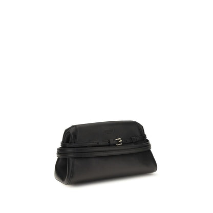 Evening Clutch Handbag by Moschino for women in goatskin leather black & gold features an sculptural silhouette, showcasing a secure magnetic and sculptural with versatile belt-strap for a sophisticated look.