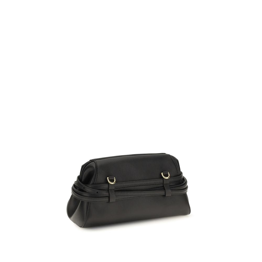 Evening Clutch Handbag by Moschino for women in goatskin leather black & gold features a sculptural silhouette with a secure magnetic, organized , and versatile belt-strap for a sculptural finish.