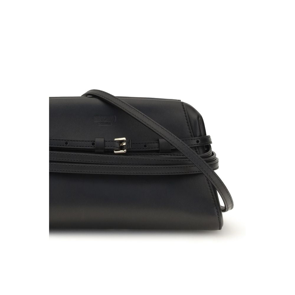 Evening Clutch Handbag by Moschino for women in goatskin leather black & gold features a statuesque silhouette, showcasing a secure magnetic and organized with versatile belt-strap for statuesque evening wear.