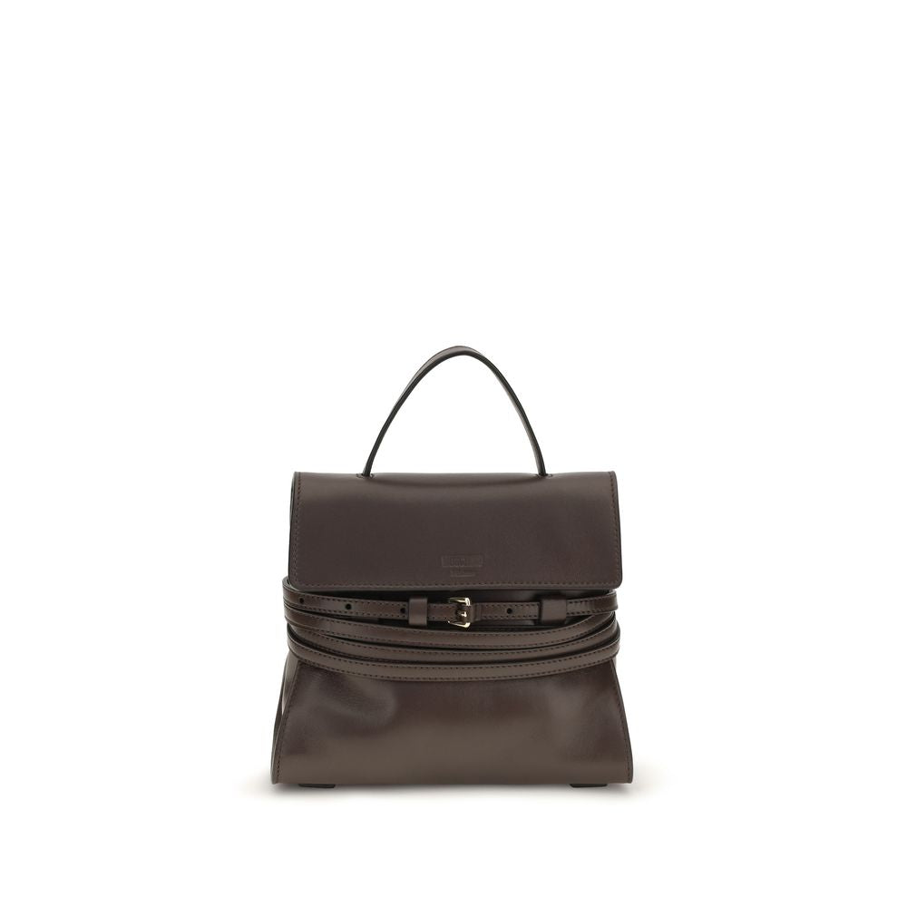 Compact Handbag by Moschino for women in goatskin leather brown & signature features a refined silhouette, showcasing a secure , organized , and versatile belt-strap for a refined finish.