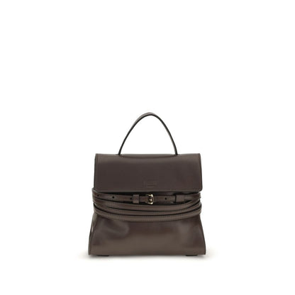 Compact Handbag by Moschino for women in goatskin leather brown & signature features a refined silhouette, showcasing a secure , organized , and versatile belt-strap for a refined finish.