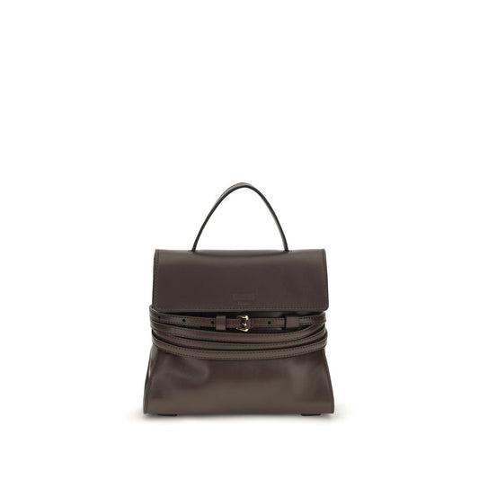 Compact Handbag by Moschino for women in goatskin leather brown & signature features a refined silhouette, showcasing a secure , organized , and versatile belt-strap for a refined finish.