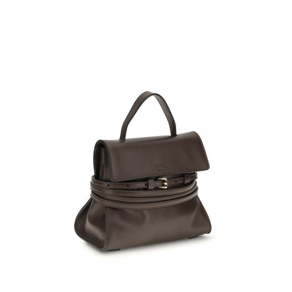 Compact Handbag by Moschino for women in goatskin leather brown & signature features an refined silhouette, showcasing a secure , ample , and versatile belt-strap for a sophisticated refined aesthetic.