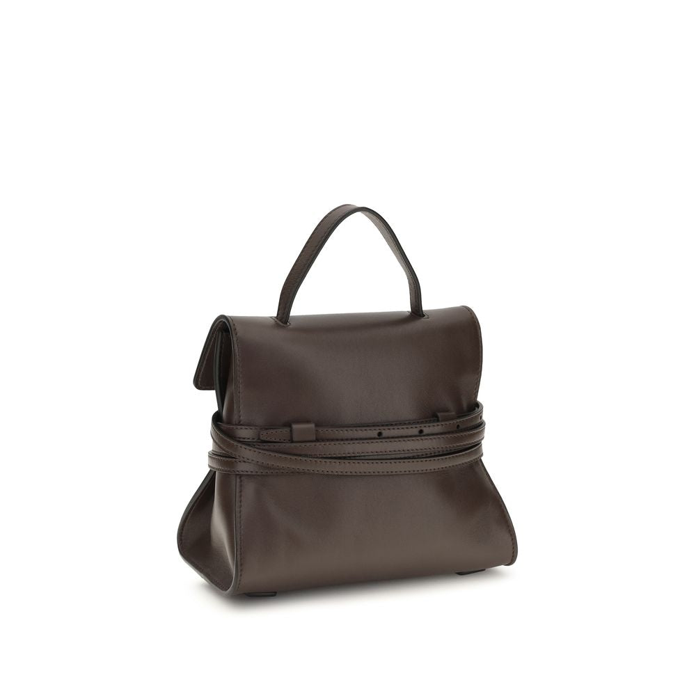 Compact Handbag by Moschino for women in goatskin leather brown & signature features a contemporary silhouette, showcasing a secure , ample , and contemporary belt-strap for a sophisticated look.