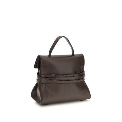 Compact Handbag by Moschino for women in goatskin leather brown & signature features a contemporary silhouette, showcasing a secure , ample , and contemporary belt-strap for a sophisticated look.