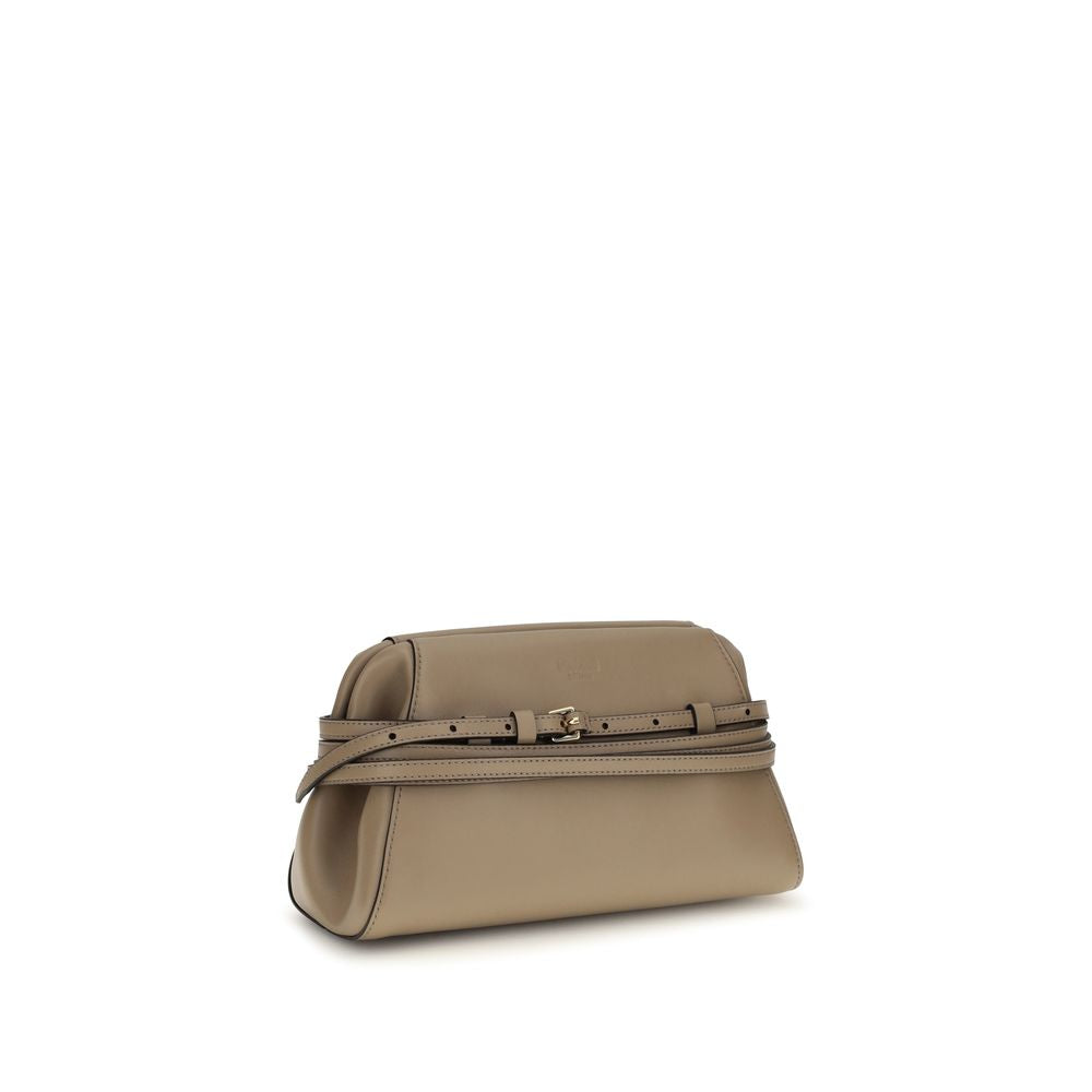 Evening Clutch Handbag by Moschino for women in goatskin leather beige & gold features an sculptural silhouette, showcasing a secure magnetic and sculptural with versatile belt-strap for a sophisticated look.