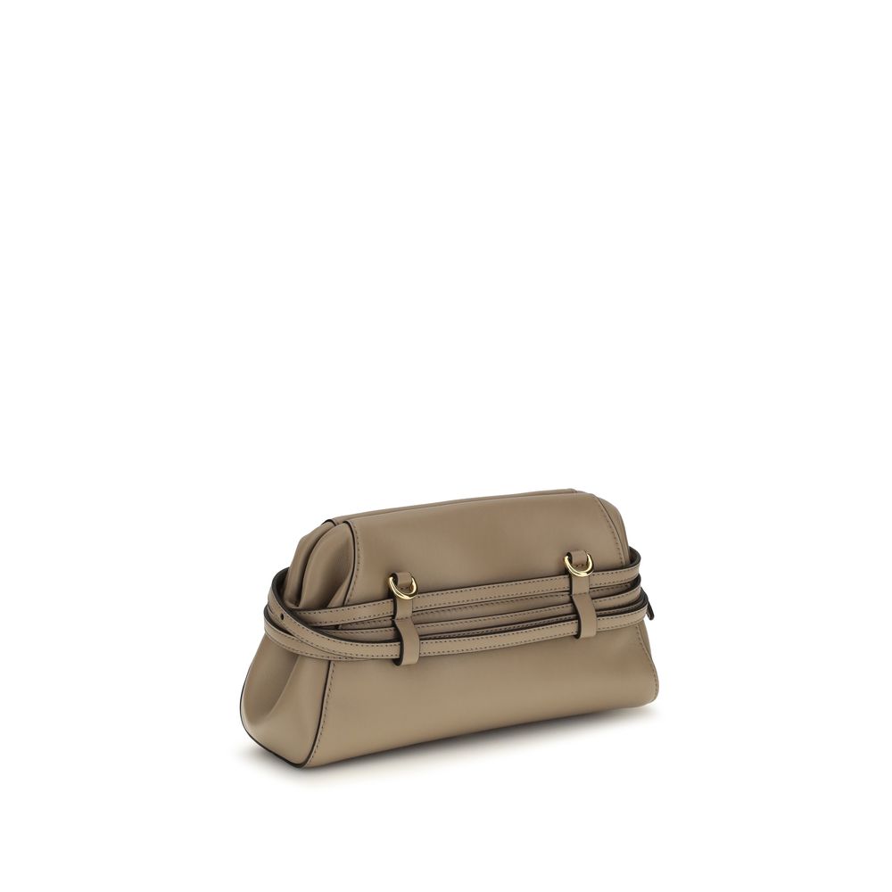 Evening Clutch Handbag by Moschino for women in goatskin leather beige & gold features a statuesque silhouette, showcasing a secure magnetic and organized with versatile belt-strap for statuesque evening wear.