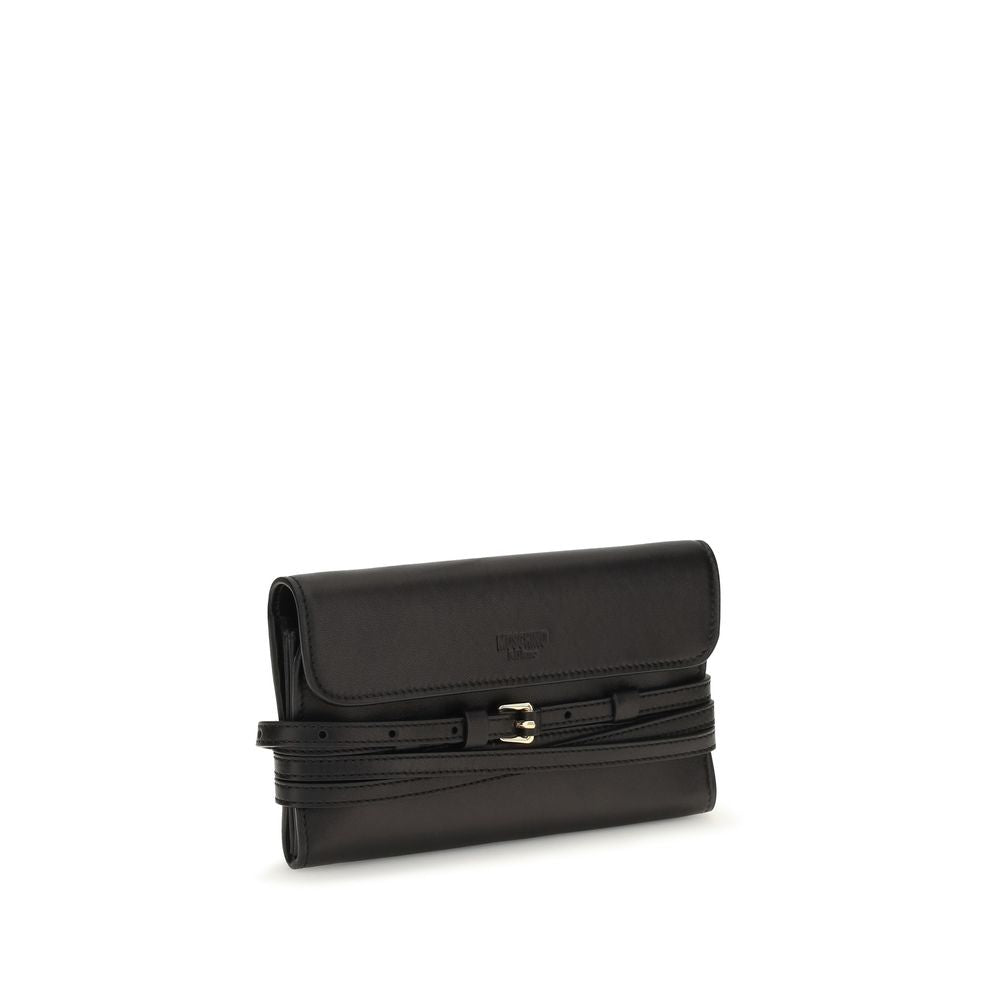 Wallet by Moschino for women in goatskin leather polyester polyurethane & tu black & gold showcases a discerning silhouette, artfully capturing the essence of Goatskin Leather Polyester Polyurethane & TU Wallet with its functional .