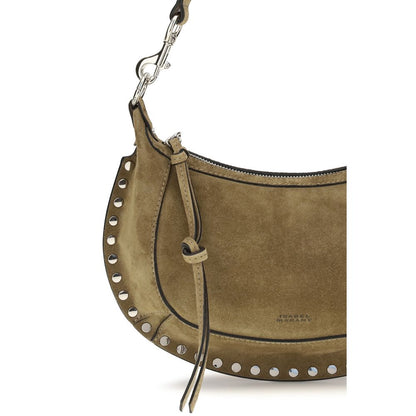 2-in-1 Shoulder & Crossbody Crescent Bag by Isabel Marant for women in bos taurus suede calf leather beige & gold presents a versatile silhouette, showcasing a secure zipper & buckle and versatile cardholder with versatile crossbody-strap, shoulder-strap & adjustable-strap for a sophisticated look.