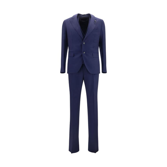 Pant Suit by Lardini for men in merino wool blue & signature features a tailored silhouette, showcasing a sophisticated lapel neckline and tailored regular-fit for a refined, professional look.