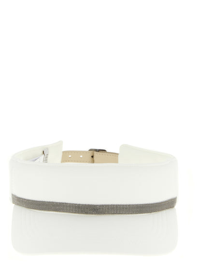 This Baseball Cap by Brunello Cucinelli for women in polyester polyurethane leather white presents a distinguished silhouette, meticulously showcasing the signature aesthetic and high-end profile of the Monile Polyester Polyurethane Leather Baseball Cap.