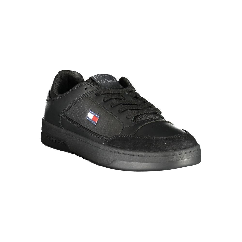 Athletic Sneakers by Tommy Hilfiger for men in polyester polyurethane leather black, signature & print features an architectural silhouette from the Men's Athletic Polyester Polyurethane Leather Sneakers collection, showcasing a architectural athletic style for a architectural look.
