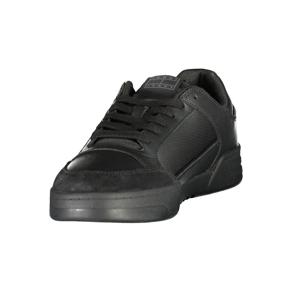 Athletic Sneakers by Tommy Hilfiger for men in polyester polyurethane leather black, signature & print showcases a architectural silhouette, artfully capturing the essence of the Men's Athletic Polyester Polyurethane Leather Sneakers with its signature architectural athletic style construction.