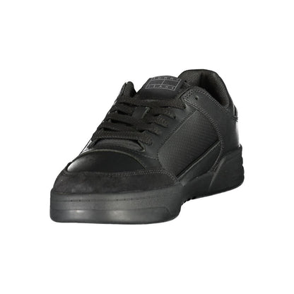 Athletic Sneakers by Tommy Hilfiger for men in polyester polyurethane leather black, signature & print showcases a architectural silhouette, artfully capturing the essence of the Men's Athletic Polyester Polyurethane Leather Sneakers with its signature architectural athletic style construction.