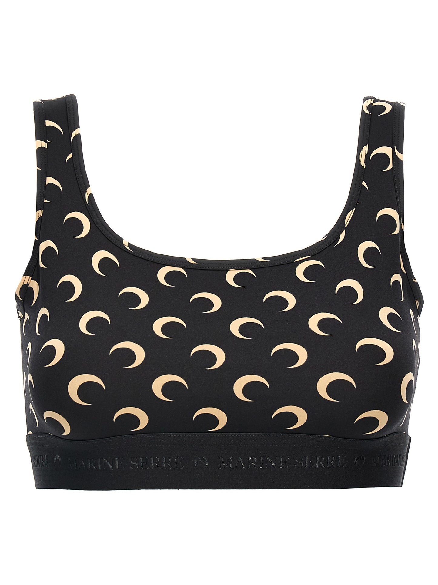 Sport Bra by Marine Serre for women in stretch polyamide black & print features a functional silhouette, showcasing the functional design of the Women's Stretch Polyamide Sport Bra with a functional fit.