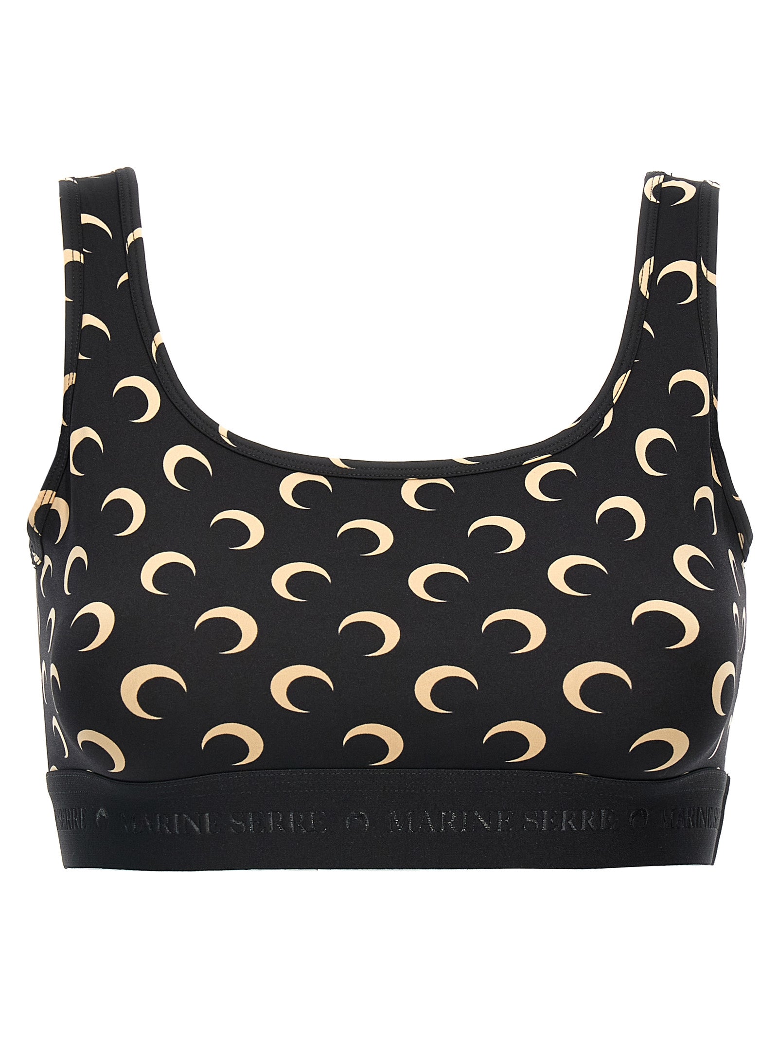 Sport Bra by Marine Serre for women in stretch polyamide black & print features a functional silhouette, showcasing the functional design of the Women's Stretch Polyamide Sport Bra with a functional fit.