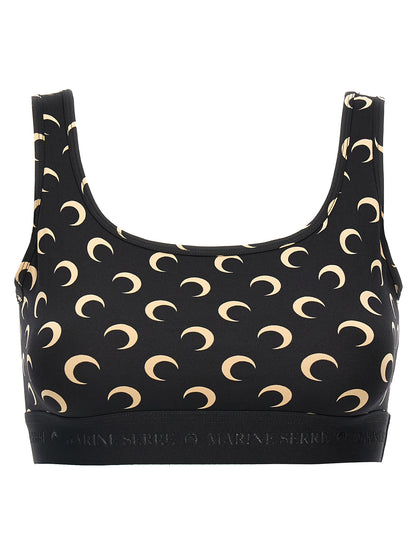 Sport Bra by Marine Serre for women in stretch polyamide black & print features a functional silhouette, showcasing the functional design of the Women's Stretch Polyamide Sport Bra with a functional fit.