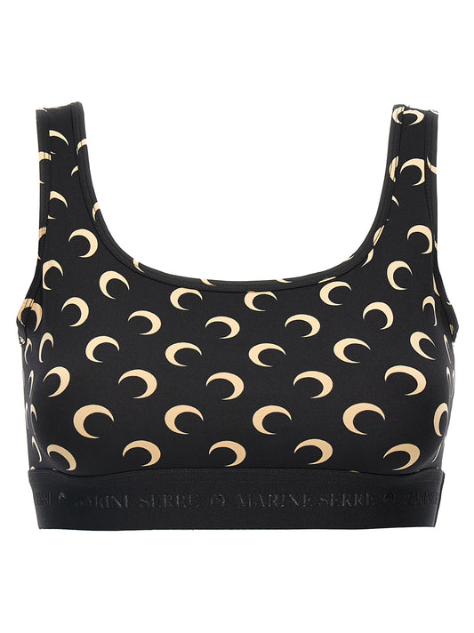 Sport Bra by Marine Serre for women in stretch polyamide black & print features a functional silhouette, showcasing the functional design of the Women's Stretch Polyamide Sport Bra with a functional fit.