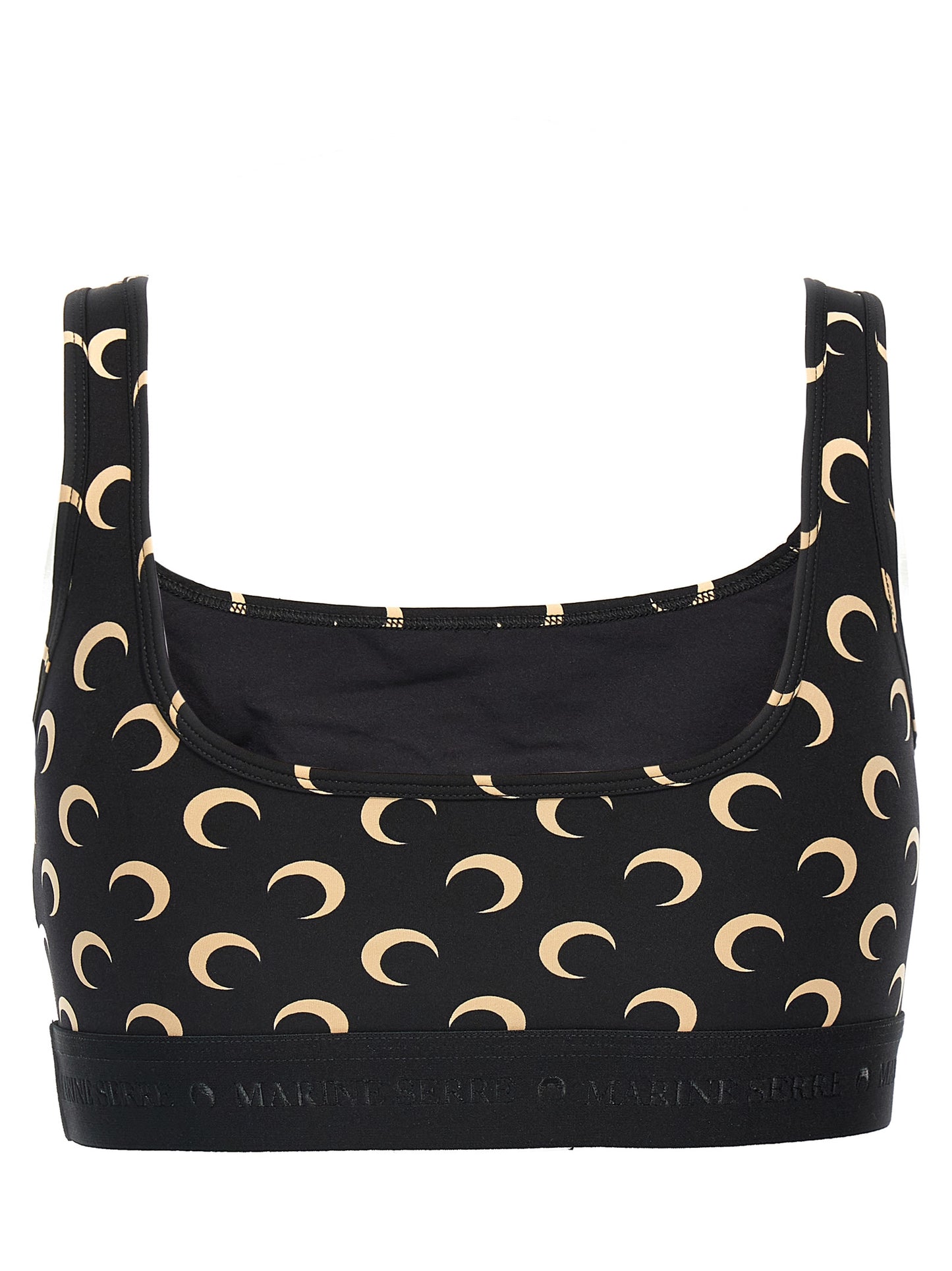 This Sport Bra by Marine Serre for women in stretch polyamide black & print features a contemporary silhouette that elegantly showcases the contemporary design of the Women's Stretch Polyamide Sport Bra with a contemporary fit.