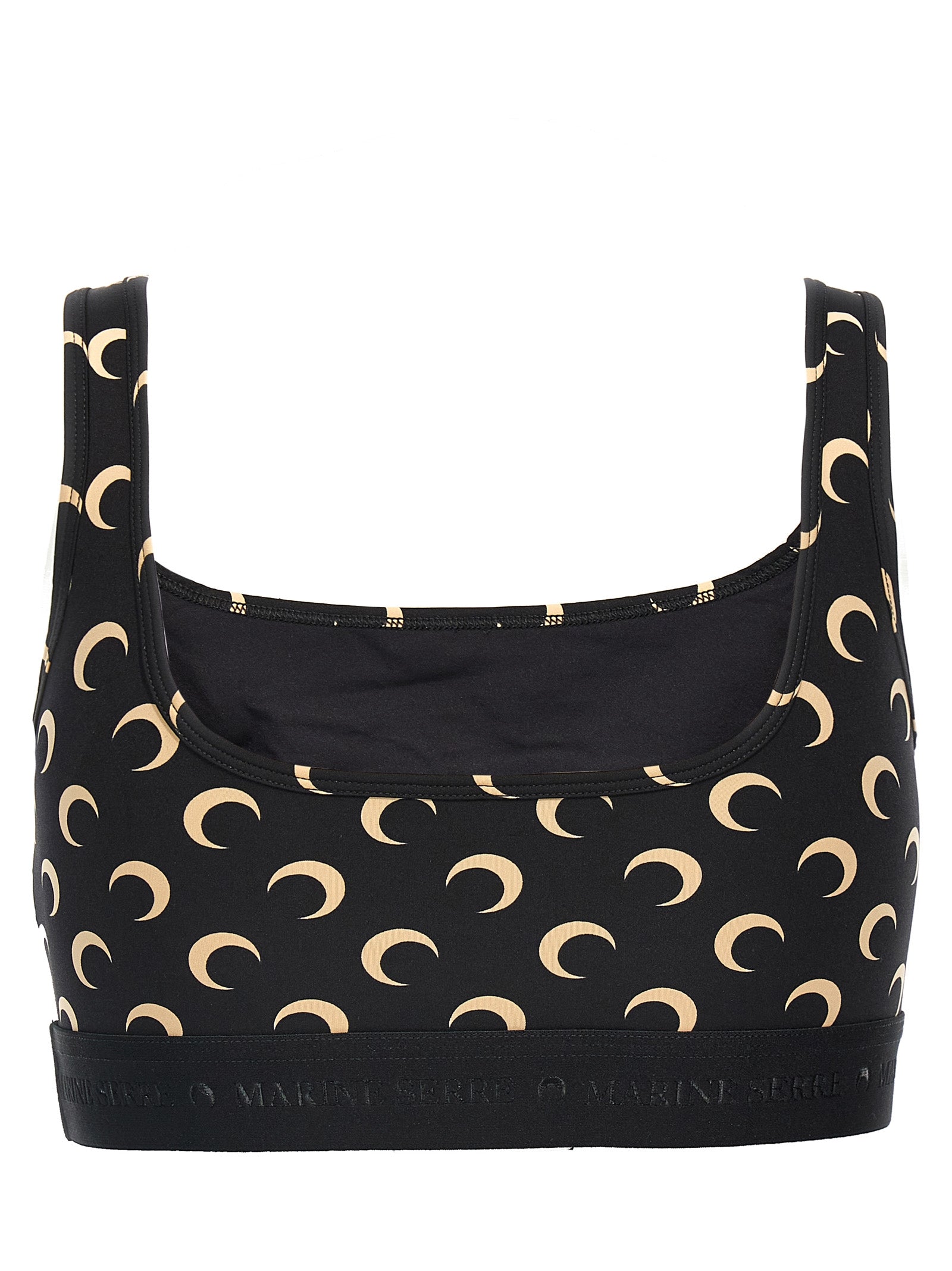 This Sport Bra by Marine Serre for women in stretch polyamide black & print features a contemporary silhouette that elegantly showcases the contemporary design of the Women's Stretch Polyamide Sport Bra with a contemporary fit.