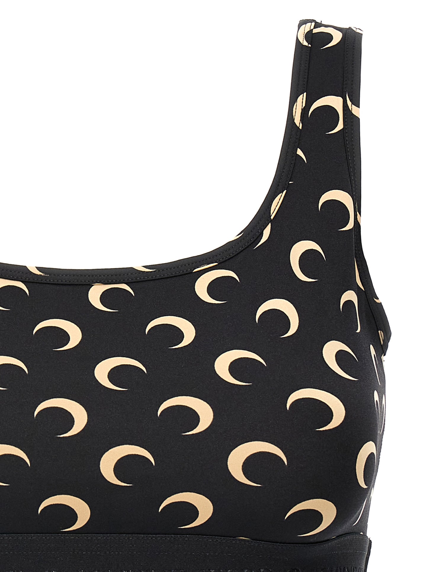 Sport Bra by Marine Serre for women in stretch polyamide black & print features a comfortable silhouette, showcasing the comfortable design of this Women's Stretch Polyamide Sport Bra.