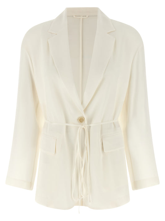 Blazer by Brunello Cucinelli for women in lace & silk beige presents a distinguished silhouette, detailed with a distinguished split neckline and distinctive for a truly sophisticated finish.