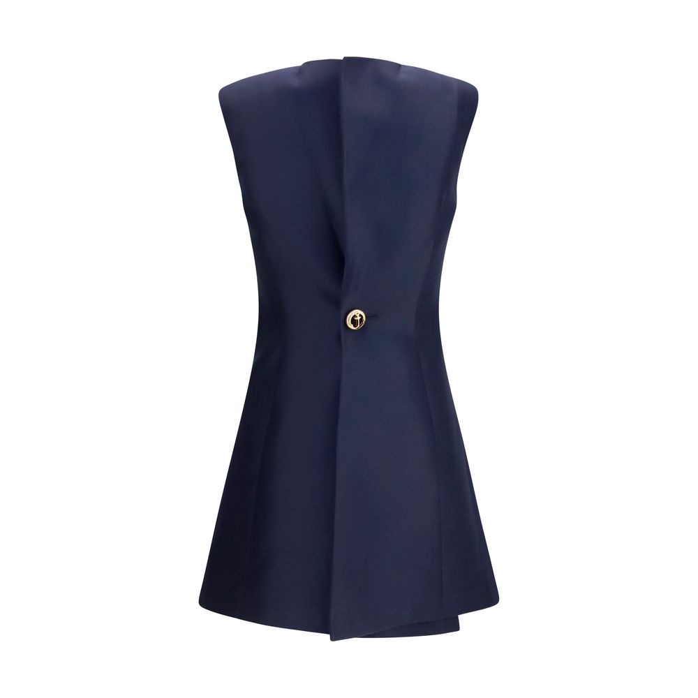 Dress by Balenciaga for women in silk & merino wool blue features a dramatic silhouette, showcasing an elegant round neckline and that flows into a dramatic short mini.