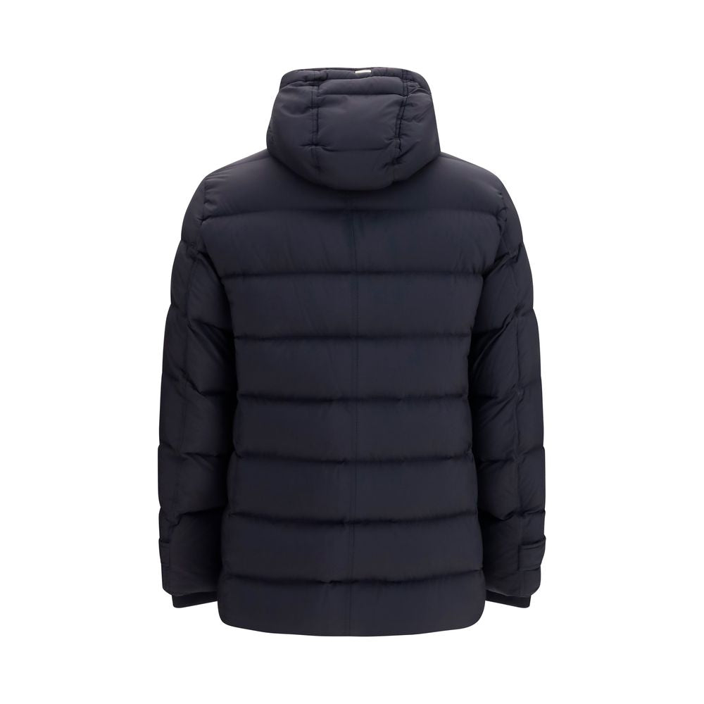 Hooded Puffer Jacket by Herno for men in polyester & goose-down black features a city-ready silhouette, detailed with thermal, water-resistant, pockets, hooded & insulated and a city-ready hooded neckline.