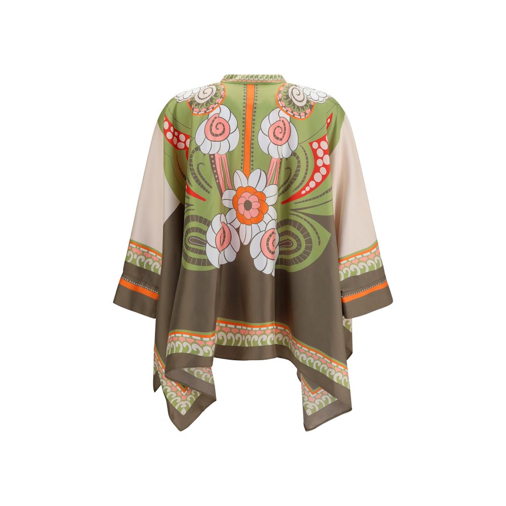 Shirt by La Double J for women in silk twill multicolor, patterned & print showcases a sharp silhouette, elegantly detailed with a sharp mandarin asymmetric neckline and sharp .