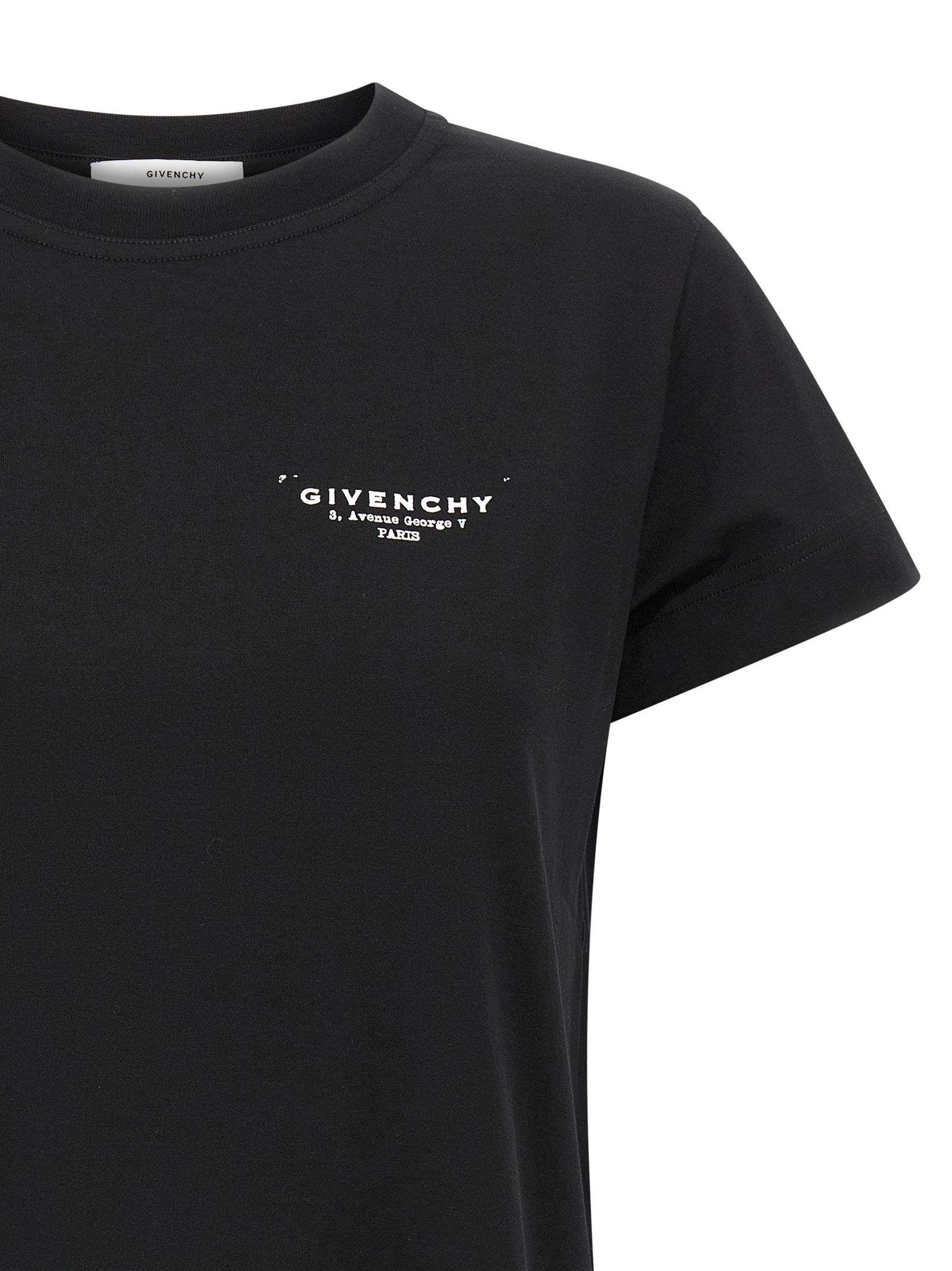 T-Shirt by Givenchy for women in cotton bicolour, black, white & print showcases a dramatic silhouette, elegantly detailed with a dramatic crew neckline and for a truly dramatic finish.