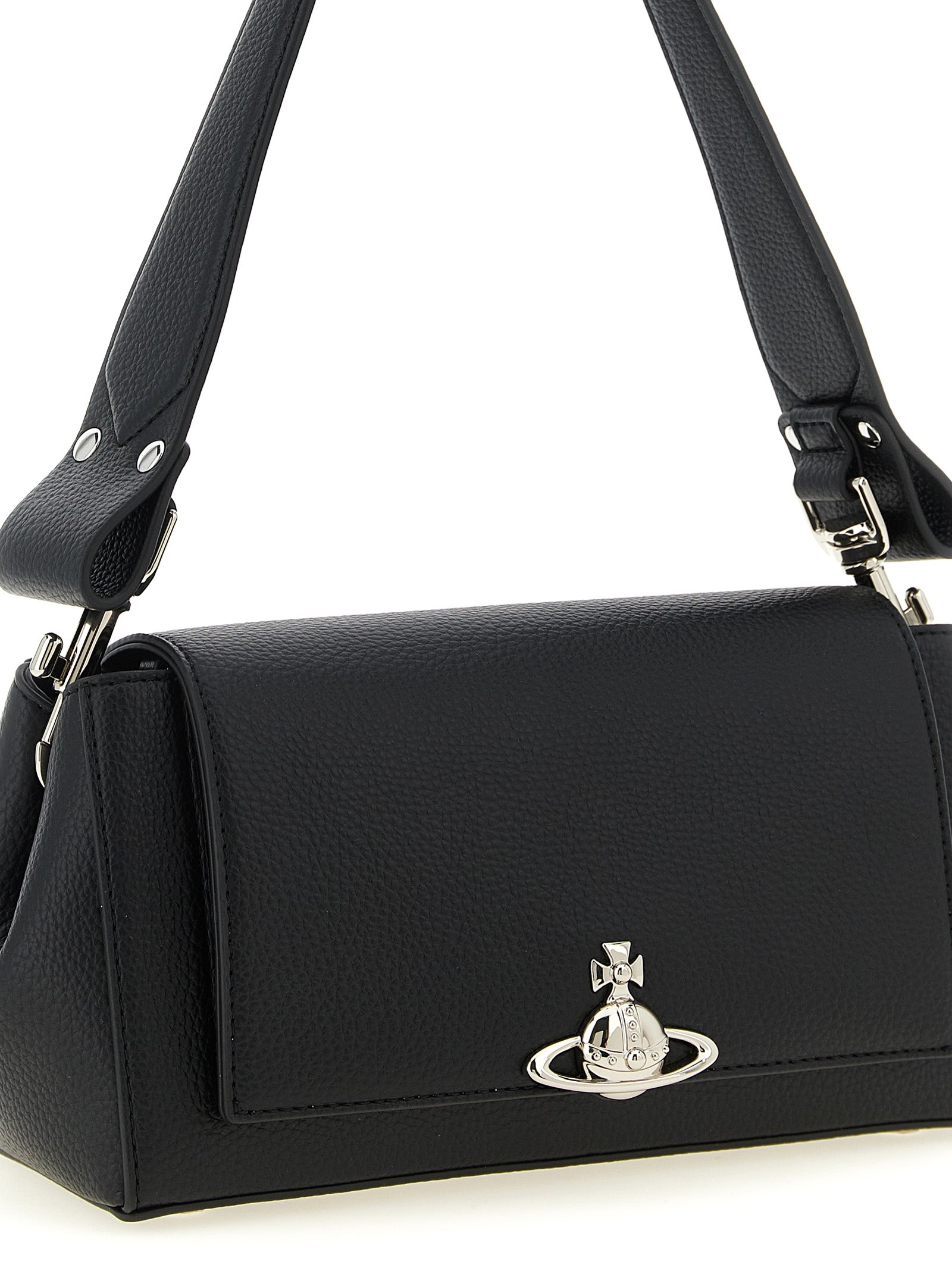 Shoulder Flap Bag by Vivienne Westwood for women in polyethylene polyurethane leather black features an effortlessly chic silhouette with a secure flap & magnetic, ample , and versatile shoulder-strap & handle for effortlessly chic everyday luxury.