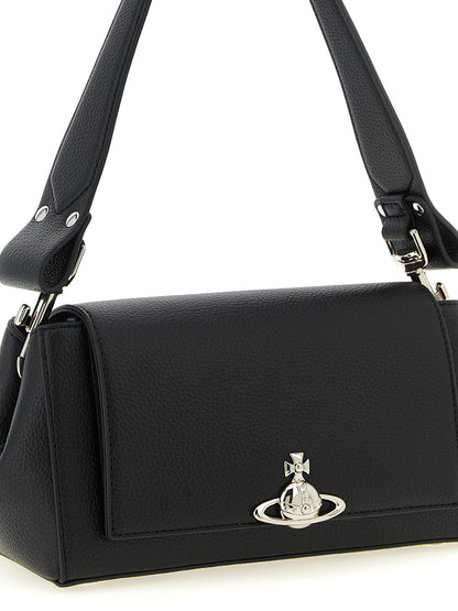 Shoulder Flap Bag by Vivienne Westwood for women in polyethylene polyurethane leather black features an effortlessly chic silhouette with a secure flap & magnetic, ample , and versatile shoulder-strap & handle for effortlessly chic everyday luxury.