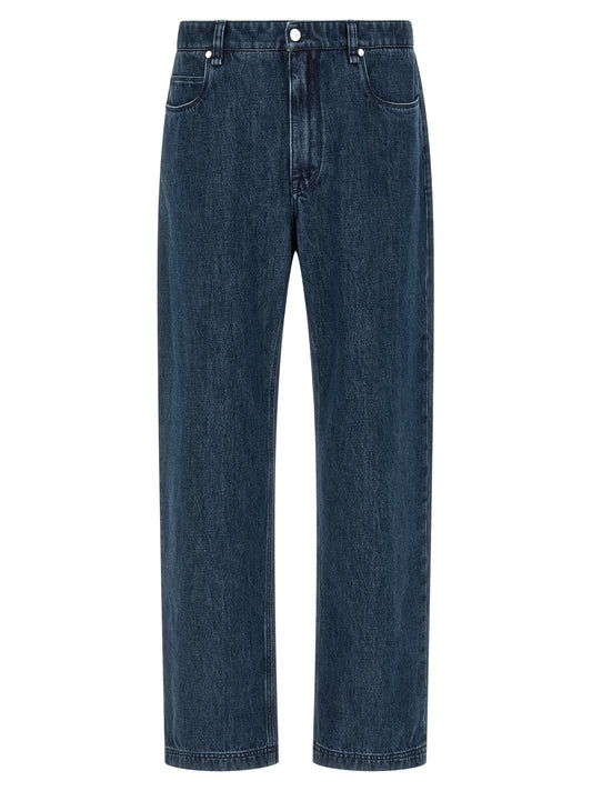 Jeans by Fendi for men in cotton denim blue & print presents a refined pantology silhouette, artfully defined by a refined pantology flared, long, and a sophisticated high rise.
