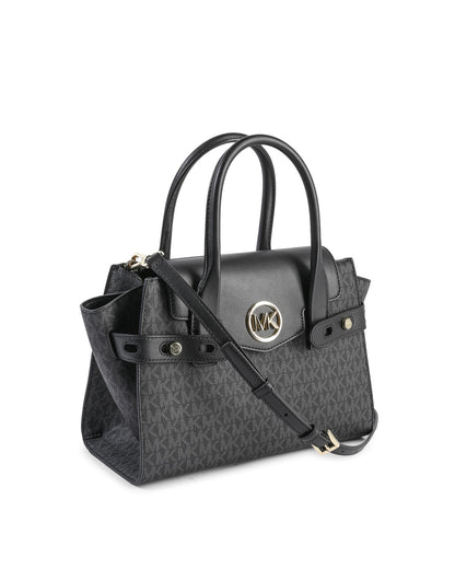 Flap Satchel Bag by Michael Kors for women in pvc & polyester black, featuring an architectural design with a secure flap, ample , and versatile for a sophisticated look.