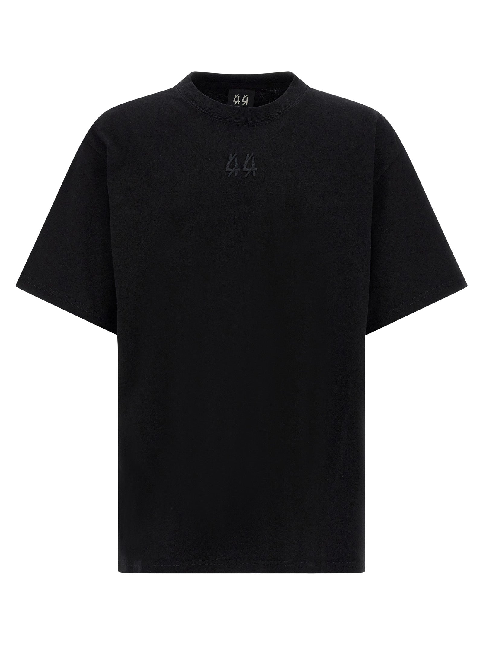 T-Shirt by 44 Label Group for men in cotton black & print showcases a fashionable silhouette, elegantly detailed with a fashionable short-sleeve and crew neckline for a sophisticated, high-fashion look.