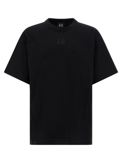 T-Shirt by 44 Label Group for men in cotton black & print showcases a fashionable silhouette, elegantly detailed with a fashionable short-sleeve and crew neckline for a sophisticated, high-fashion look.