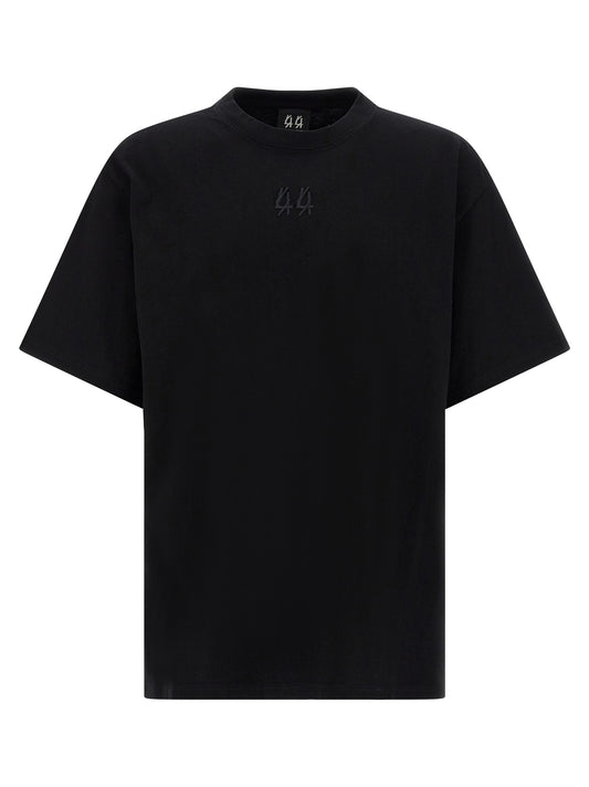 T-Shirt by 44 Label Group for men in cotton black & print showcases a fashionable silhouette, elegantly detailed with a fashionable short-sleeve and crew neckline for a sophisticated, high-fashion look.