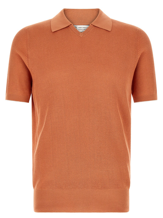 Polo Shirt by Brunello Cucinelli for men in cotton orange & terracotta features a eye catching silhouette, showcasing a refined v-neck neckline and for a eye catching finish.