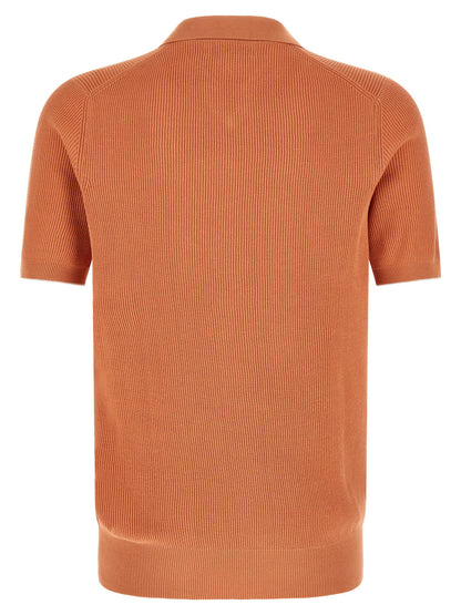 Polo Shirt by Brunello Cucinelli for men in cotton orange & terracotta showcases a sharp silhouette, detailed with a refined v-neck neckline and sharp for a sophisticated finish.