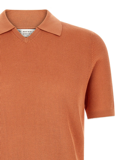 Polo Shirt by Brunello Cucinelli for men in cotton orange & terracotta presents a crisp silhouette, artfully detailed with a crisp and crisp .