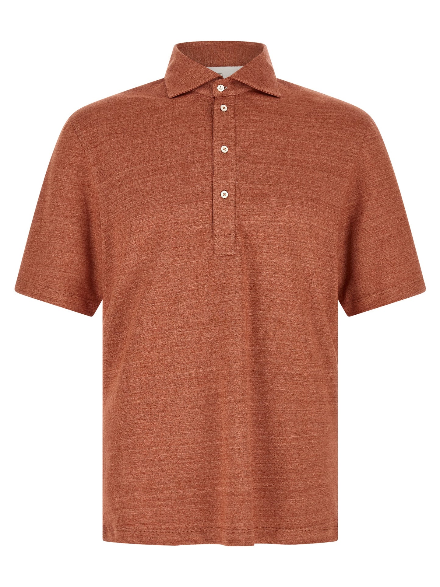Polo Shirt by Brunello Cucinelli for men in linen & cotton orange presents a sleek silhouette, featuring a refined shirt-collar neckline and for a sleek finish.